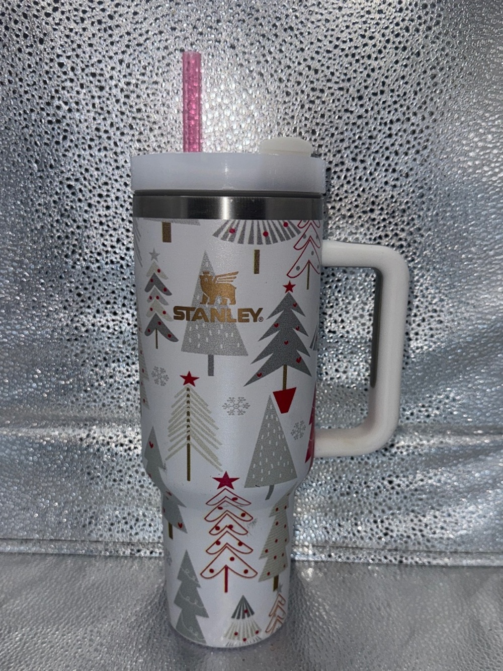 Stanley Quencher H2.0 40oz Holiday Christmas Tree Tumbler White Red Gold